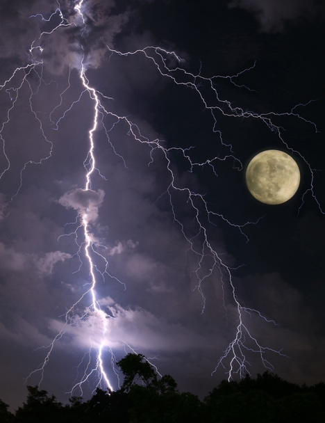 Incredible Lightning Strikes in the Night Sky with Spooky Full Moon - Photo, Image