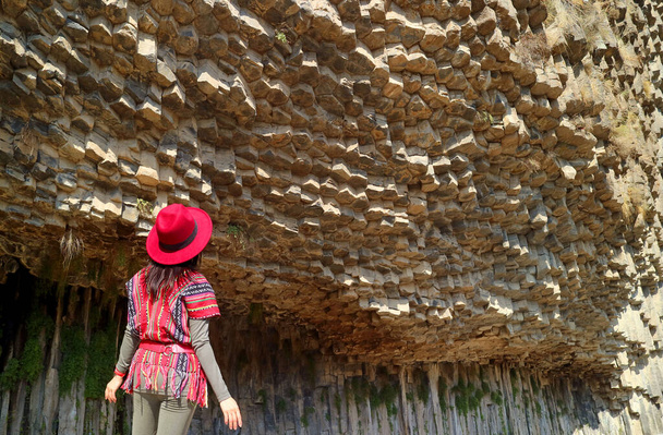 Жіноча туристка, яка була вражена неймовірною симфонією каменів базальтової колони вздовж ущелини Гарні, Вірменія - Фото, зображення