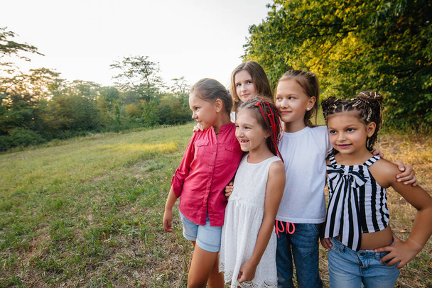 A group of cheerful girls are smiling and playing in the Park during sunset. Children's summer camp - Fotoğraf, Görsel