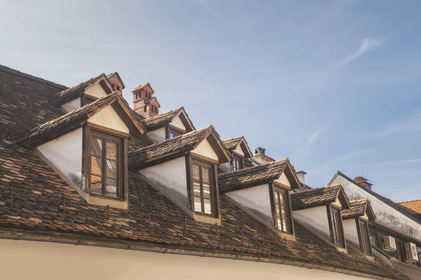 Old tiled roof with attics in Ljubljana Slovenia - Photo, Image