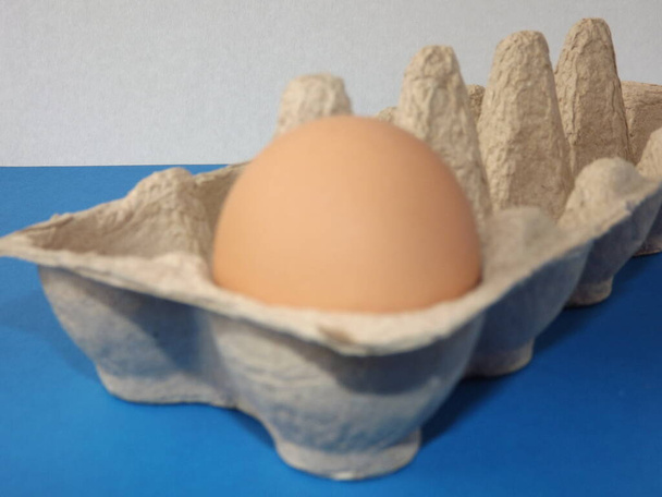 Huevo cocido beige en una caja de huevos sobre fondo azul - Foto, Imagen