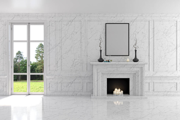 Ilustração 3D renderização grande luxo modernos interiores brilhantes Sala de estar computador mockup imagem gerada digitalmente - Foto, Imagem
