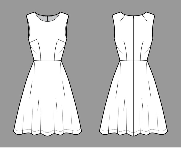 Šaty rozšířený bruslař technické módní ilustrace s rukávem, montované tělo, koleno délka polokruhové sukně. Flat - Vektor, obrázek