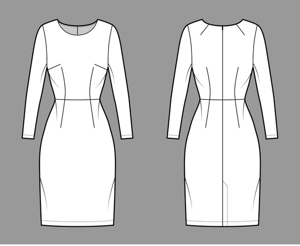 Šaty pochva technické módní ilustrace s dlouhými rukávy, montované tělo, přírodní pas, tužka sukně - Vektor, obrázek