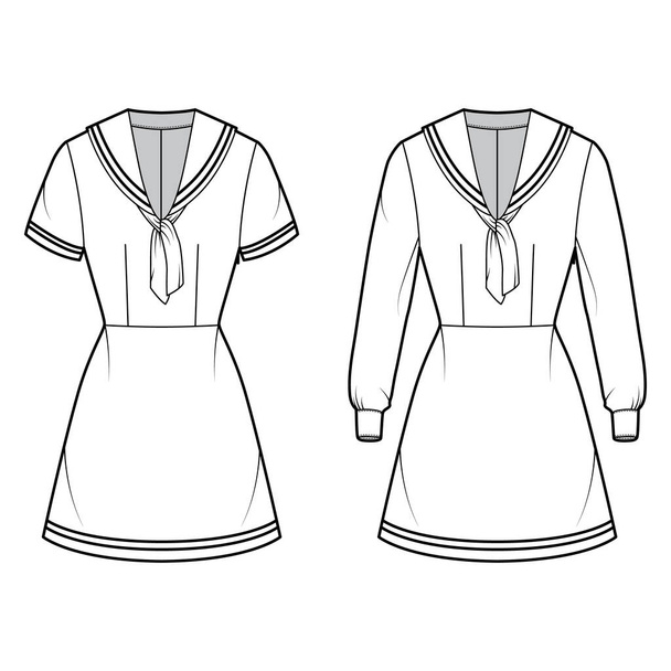 Sada šaty námořník technické módní ilustrace s krátkým dlouhým rukávem, montované, pruhy, mini délka tužka sukně - Vektor, obrázek