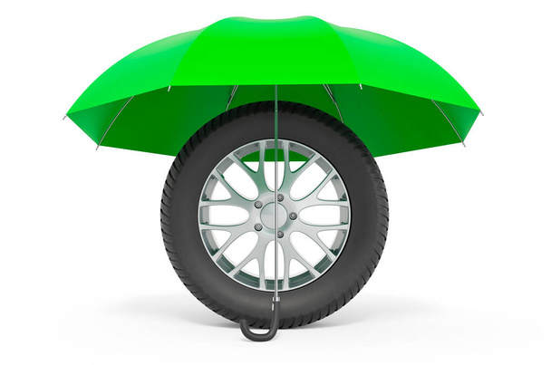 Car wheel under umbrella, 3D rendering isolated on white background - Fotó, kép