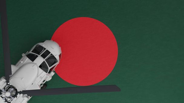 Widok z góry na biały śmigłowiec w lewym dolnym rogu i na szczycie flagi narodowej Bangladeszu - Zdjęcie, obraz