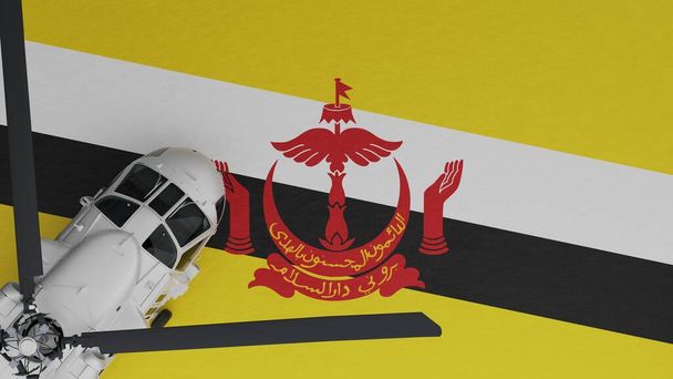 ylhäältä alas näkymä valkoisesta helikopterista vasemmassa alakulmassa ja Brunein kansallisen lipun päällä - Valokuva, kuva