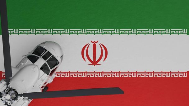 Ylhäältä alas näkymä valkoisesta helikopterista vasemmassa alakulmassa ja Iranin kansallisen lipun päällä - Valokuva, kuva