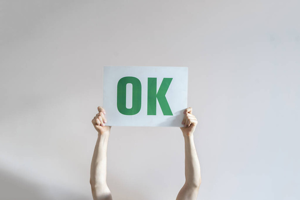 a persons hands holding plate with ok word sign, positive simple design concept - Foto, Bild
