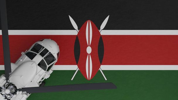ylhäältä alas näkymä valkoisesta helikopterista vasemmassa alakulmassa ja Kenian kansallisen lipun päällä - Valokuva, kuva