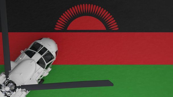 ylhäältä alas näkymä valkoisesta helikopterista vasemmassa alakulmassa ja Malawin kansallisen lipun päällä - Valokuva, kuva