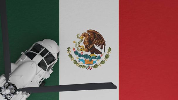 Bovenaanzicht van een witte helikopter in de linkerbenedenhoek en bovenop de nationale vlag van Mexico - Foto, afbeelding