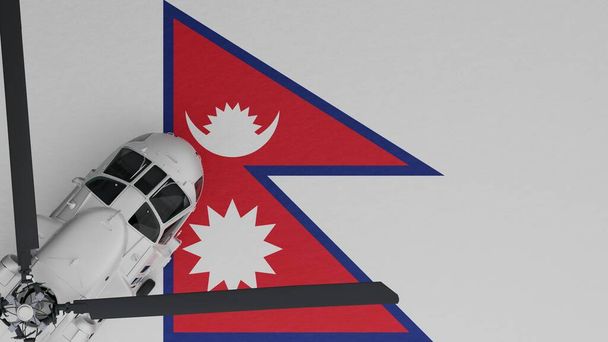 ylhäältä alas näkymä valkoisesta helikopterista vasemmassa alakulmassa ja Nepalin kansallisen lipun päällä - Valokuva, kuva