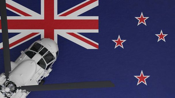 ylhäältä alas näkymä valkoisesta helikopterista vasemmassa alakulmassa ja Uuden-Seelannin kansallisen lipun päällä - Valokuva, kuva