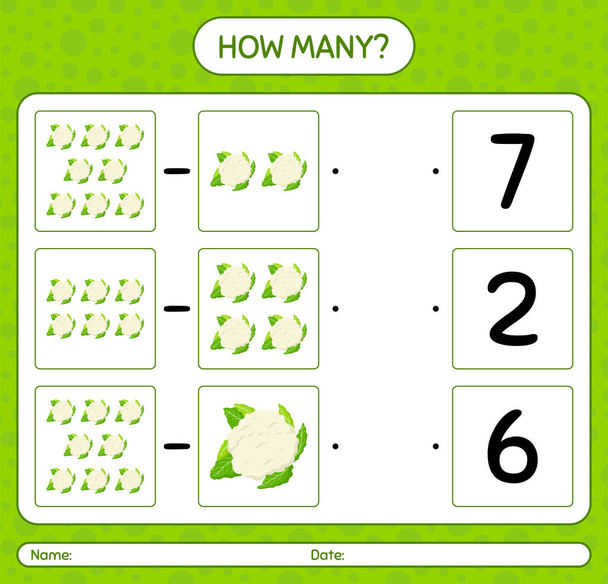 How many counting game with cauliflower. worksheet for preschool kids, kids activity sheet, printable worksheet - Vector, Image