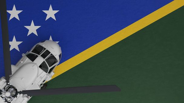 Bovenaanzicht van een witte helikopter in de linkerbenedenhoek en bovenop de nationale vlag van de Salomonseilanden - Foto, afbeelding