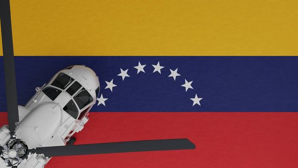 ylhäältä alas näkymä valkoisesta helikopterista vasemmassa alakulmassa ja Venezuelan kansallisen lipun päällä - Valokuva, kuva