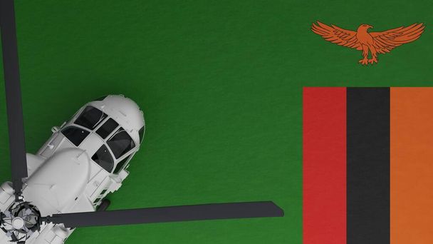 ylhäältä alas näkymä valkoisesta helikopterista vasemmassa alakulmassa ja Sambian kansallisen lipun päällä - Valokuva, kuva