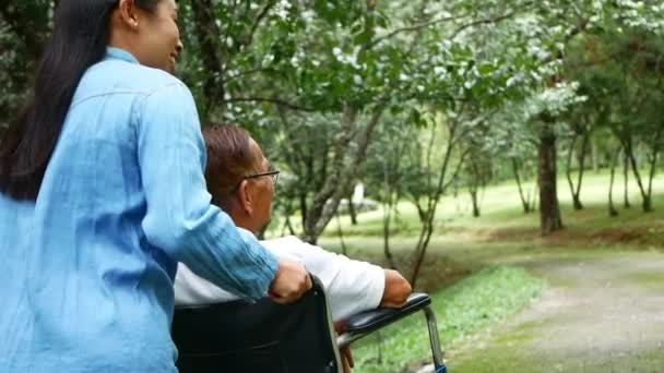 Grandfather in a wheelchair with granddaughter enjoying nature in the park. Family life on vacation. - Záběry, video