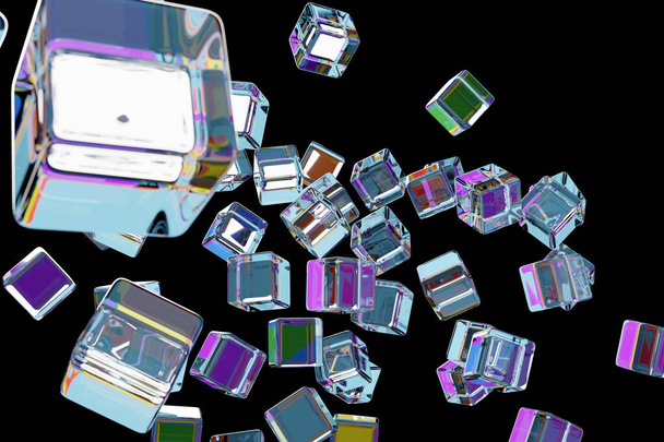 Illustration 3D de cubes transparents sur fond noir. Modèle de parallélogramme. Technologie géométrie arrière-plan - Photo, image