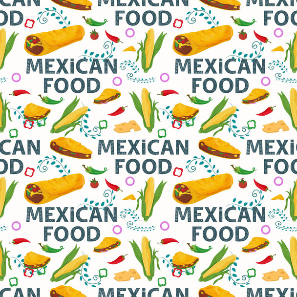Patrón plano sin fin sobre el tema de la comida mexicana, maíz maíz y taco cheetos tortillas sobre un fondo blanco - Vector, Imagen