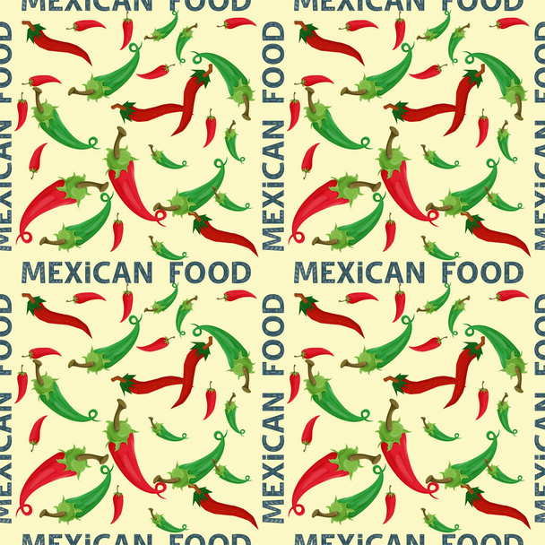 На тлі безконечного безкраїх візерунків на тему мексиканської їжі, червоний і зелений гарячий перець чілі на жовтому тлі. - Вектор, зображення