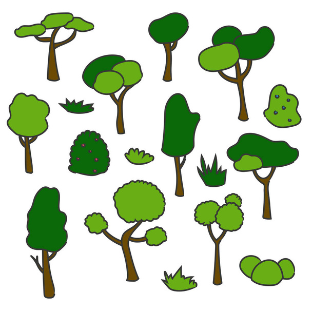 Set of hand drawn summer trees, bushes and grass, isolated vector illustration on white background - Vector, Image