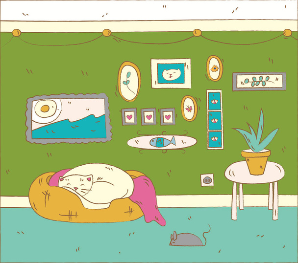Mano disegnato carino arricciato gattino sta dormendo in un cesto in un soggiorno, le immagini sono appese al muro su uno sfondo, illustrazione vettoriale - Vettoriali, immagini