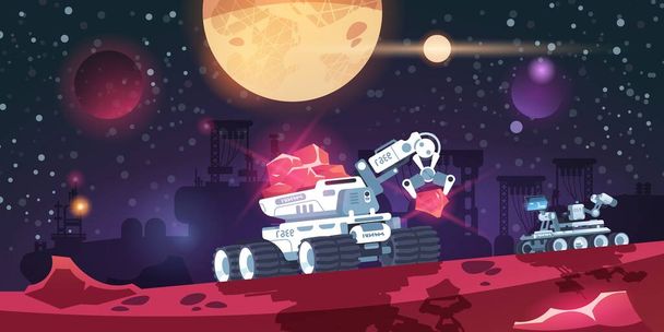 Инопланетная колония. Мультфильм о красной планете с космическим транспортом. Исследование космоса. Космические роботы исследуют поверхность Марса. Футуристический галактический пейзаж. Векторная иллюстрация - Вектор,изображение