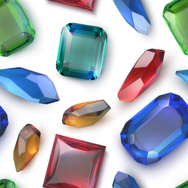 Kristallmuster. Edelsteine nahtlose Textur. Realistisch glänzende Diamanten. Premium-Smaragde. Leuchtende Saphire und brillante Topazes. Dekorative Edelsteine. Vektor Juwel Hintergrund - Vektor, Bild