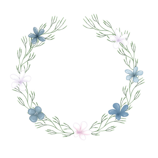 Cute blue flowers baby boy shower wreath, whimsical holidays frame, toddler holidays decoration element - Valokuva, kuva