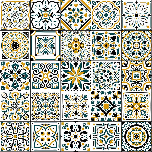 Azulejo fayansı. İspanyol ve Portekiz ulusal yama işi. Süslü çiçek deseni. Antika arabesk örtüsü. Çiçek elementleriyle geleneksel mozaik arka plan. Vektör oryantal döşeme - Vektör, Görsel