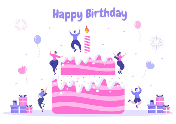 Feliz Cumpleaños Celebrando la Ilustración con Globo, Sombreros, Confetti, Regalo y Pastel. Para hacer tarjetas, invitaciones, marcos de fotos y fondos - Vector, Imagen