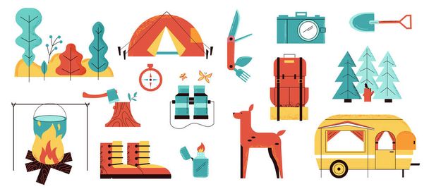 Obóz kempingowy. Elementy kreskówek na camping i piknik. Izolowany namiot turystyczny lub van. Jedzenie przy ognisku. Plecak lub kamera. Sprzęt wektorowy przeznaczony do rekreacji w lesie - Wektor, obraz