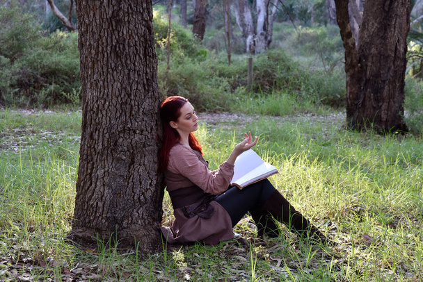 портрет рыжеволосой девушки в фантазийной средневековой одежде странствующего авантюриста. естественное освещение в лесах. - Фото, изображение