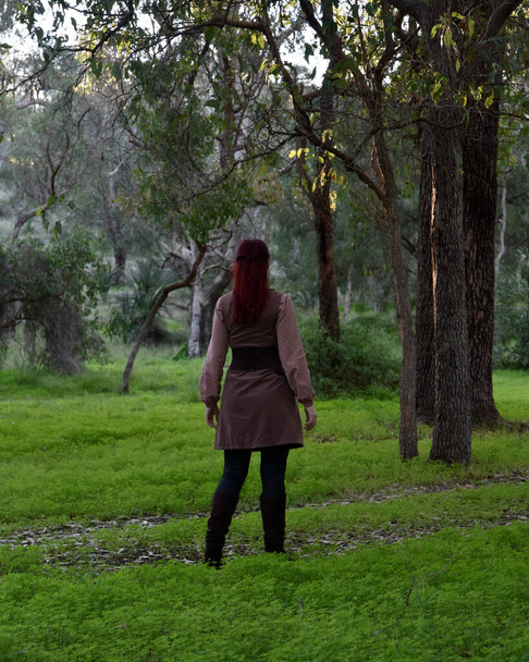  portré vörös hajú lányról, aki egy vándorló kalandor képzeletbeli középkori ruháit viseli. természetes fény erdős környezetben. - Fotó, kép