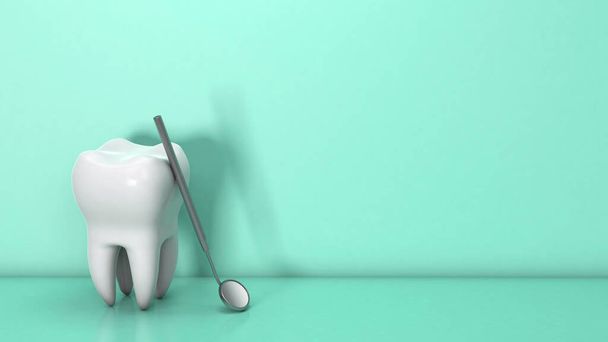 Zahn und zahnärztliches Instrument. Zahnspiegel und Haken mit Zähnen auf grünem Hintergrund. Kopieren Sie Platz für Text. 3D-Darstellung. - Foto, Bild