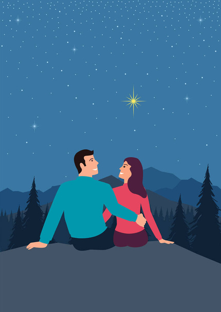 Semplice illustrazione vettoriale piatta di una giovane coppia sotto il cielo stellato - Vettoriali, immagini