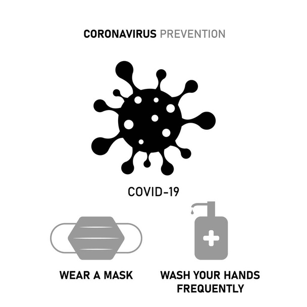 Dikkat dikkat, maske takın, ellerinizi koronavirüs için yıkayın. Covid 19 bakteri sembolü. Basit ve net grafik karşıtlık tasarımı. - Vektör, Görsel