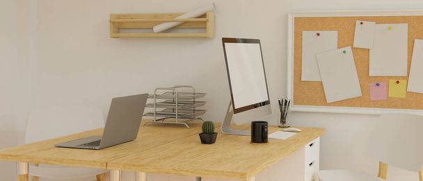 Ordenador de sobremesa con pantalla simulada en el escritorio de madera con papelería y cámara en la sala de oficina loft, representación 3D, ilustración 3D - Foto, imagen