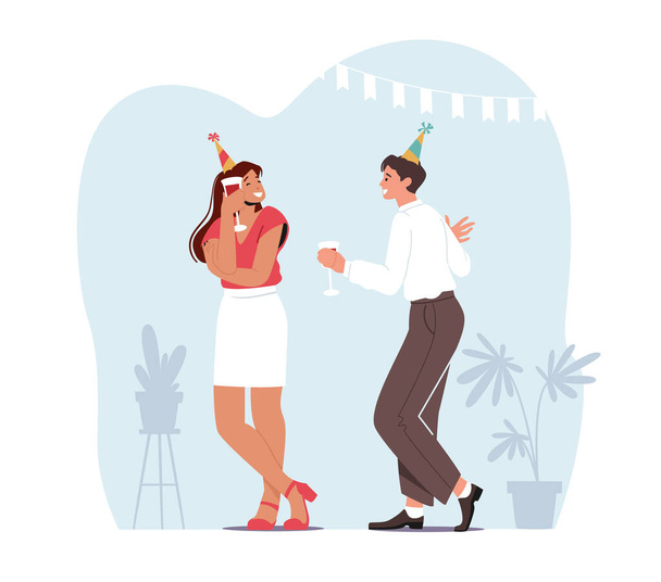 Giovane coppia uomo e donna Holding bicchieri con bevande Celebrare vacanza bere alcol cocktail flirtare - Vettoriali, immagini