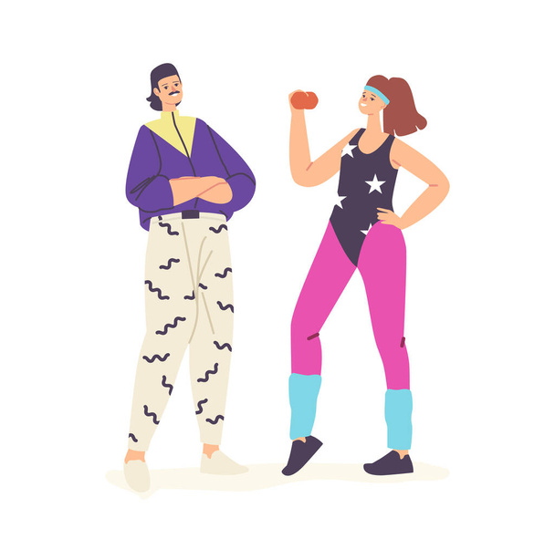 Happy Characters in 80s 90s Fashion Style Clothes and Hairstyle. Woman in Pink Leggings, Gaiters and Swimsuit Training - Vector, Image