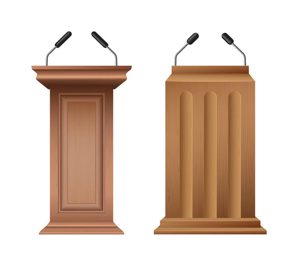 Klassieke houten preekstoel, podium of tribune set. Rostrum stand met microfoon voor conferentiedebatten - Vector, afbeelding