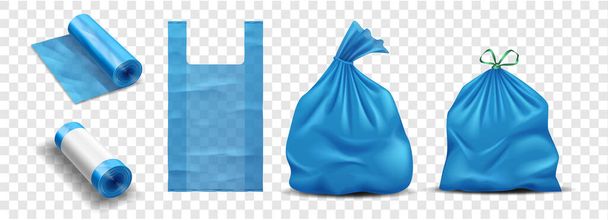 ゴミ、ゴミ、ゴミのためのビニール袋。ひも付きポリエチレントラスバッグ、新しい袋のロール - ベクター画像