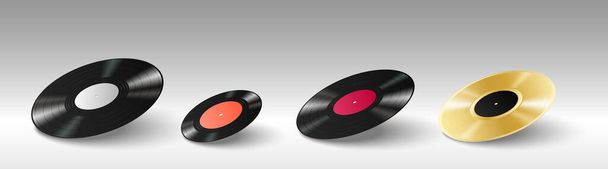 Набір реалістичних 3d вінілових дисків для ретро вінтажного грамофонного музичного плеєра на білому тлі
 - Вектор, зображення