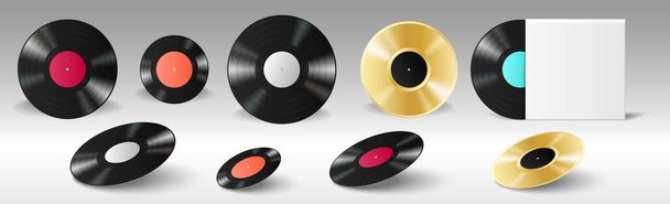 Vinyl reális retro rekordokat állított fel üres címkékkel és üres lemezborítással rendelkező gramofonra - Vektor, kép