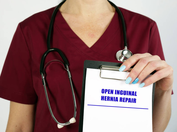  OPEN INGUINAL HERNIA REPAIR herniorrhaphy, hernioplasty phrase on the piece of paper - Photo, Image