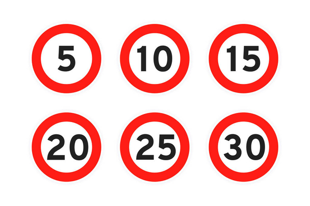 Omezení rychlosti 5,10,15,20,25,30 kolo silniční dopravní ikony podepsat plochý styl design vektorové ilustrace sada. - Vektor, obrázek