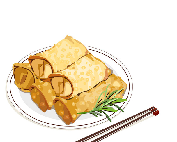 ngohiong Cebu, tavaszi tekercs, izolált tavaszi tekercs evőpálcikás tányéron. Ázsiai élelmiszer kéz rajz közel reális vektor illusztráció fehér háttér.  - Vektor, kép